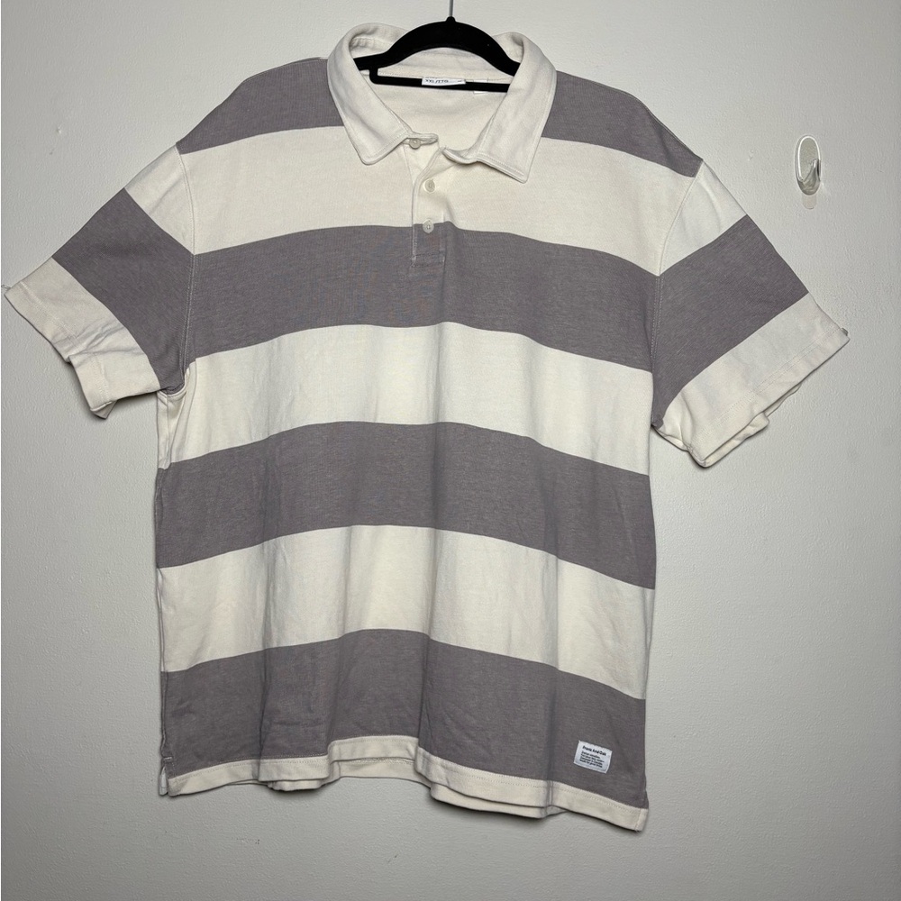 Frank and Oak  Striped Polo Shirt - Gray/Cream Size XXL 100% Organic Cotton